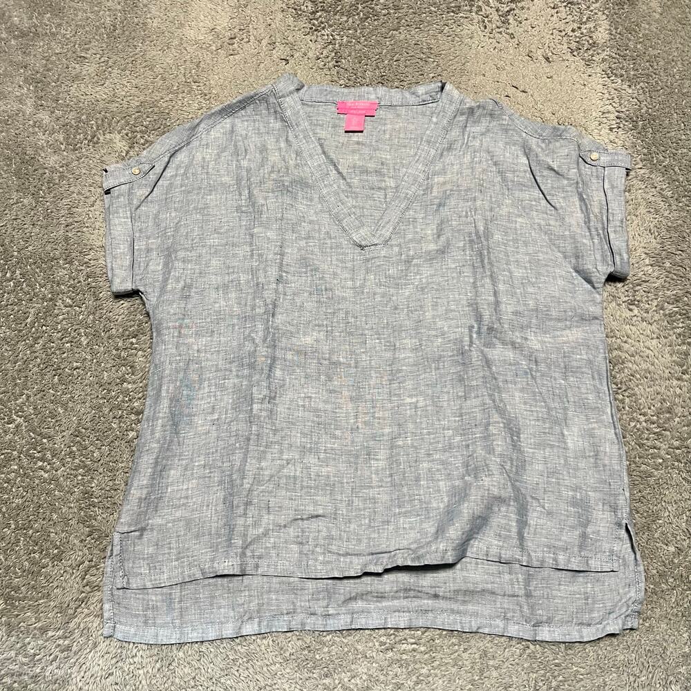 Isaac Mizrahi Linen Shirt Womens Small Blue V Neck Top Lagenlook Beach Popover